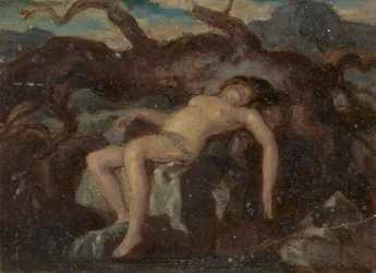 Mulher dormindo nua em uma paisagem arborizada