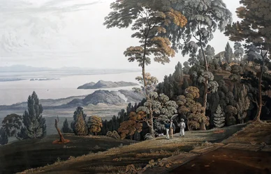 プリンス・オブ・ウェールズ島、ハリバートンの丘からの眺め、1820年頃（カラー・アクアチント