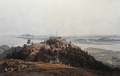 プリンス・オブ・ウェールズ島、療養バンガローからの眺め、1820年頃（カラー・アクアチント