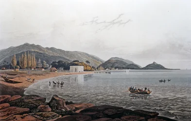 プリンス・オブ・ウェールズ島、カウンセリング・ハウスからのノース・ビーチの眺め、1820年頃（カラー・アクアチント