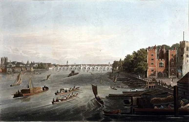 ウェストミンスター橋とランベス宮殿の眺め、パブ。1820年にコルナギ社から出版されたものです。(彫刻)