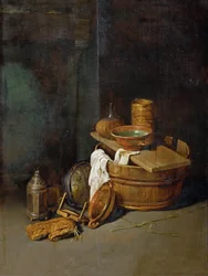 ヘッケ、ロバート・ファン・デン（1622-1668）の「料理道具のある静物」。木に油彩