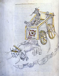 ロベルト・ヴァルトゥーリオ（1405-1483？）の「De re Militari」に掲載された、鎌を装備した戦車のイラスト。