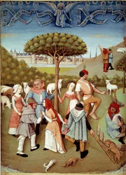 シャンペトルの踊り 羊飼いたちへの告知。テスタード・タップ（1475〜1523年に活躍）の「シャルル・ダングレーム（1460〜1496年）の時祷書」から引用されたミニチュア