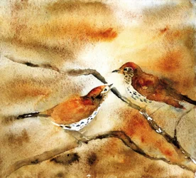 枝に止まる鳥の水彩画