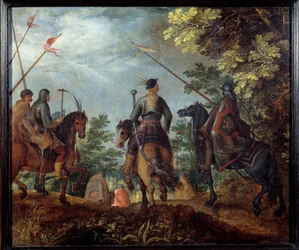 ポーランドの騎馬民族が森の中を歩いています。ローラント（ローランド）・サヴェリー（1576-1639）の絵