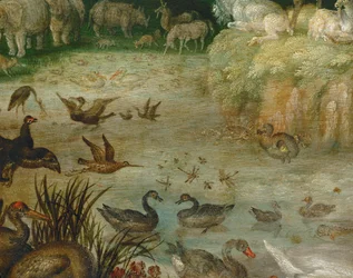 池。水を飲む動物、泳ぐアヒル、背景にはユニコーン（キャンバスに描かれた絵）