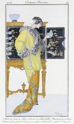 チャイニーズシルクのドレス、チンチラの裏地、ベルベットのコート - "Journal des dames et de la mode：パリジェンヌの衣装」32号