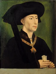 ブルゴーニュ公フィリップ善良（1396-1467）の肖像 絵画 ロジャー（ロジェ）・ファン・デル・ウェイデン（1400-1464）作 15世紀 日。0.34x0.25 m - ブルゴーニュ公フィリップ善良(1396-1467)の肖像。ロジェ（ロジェ）・ファン・デル・ウェイデン（1400-）の後の絵画