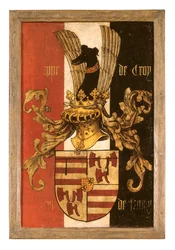 Crest of the de Croy family (oil on panel) (pair to 471140)   1441187   ja       japanese Successfully Translated  Original: Rural Landscape with Bridge and Cottages Translat: Rural Landscape with Bridge and Cottages 1443010 ja japanese Successfully Transl