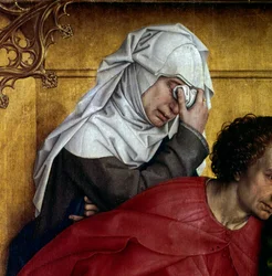 十字架の下降や降下。涙を流すキャラクターのディテール。Rogier Altarpiece (Roger) Van Der Weyden (1400-1464) 1435年 Dim.2,20 x 0,35 m Madrid, Musee du Prado - 「十字架の下降または降下」。喪服の文字の詳細。Altarpi