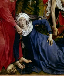 十字架のデポジション、または下降。消えた処女のディテール。Rogier Altarpiece (Roger) Van Der Weyden (1400-1464) 1435年 Dim.2,20 x 0,35 m Madrid, Musee du Prado - 「十字架の下降または降下」。卒倒する聖母のディテール。の祭壇画。
