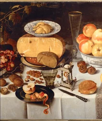 静物画。リンゴ、チーズ、果物、食器（オーク材に油彩）