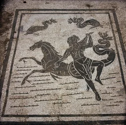 古代のオスティア（Ostia）。Place des Corporations（企業広場）。サブラータ船員公社のモザイク。天女と海馬。