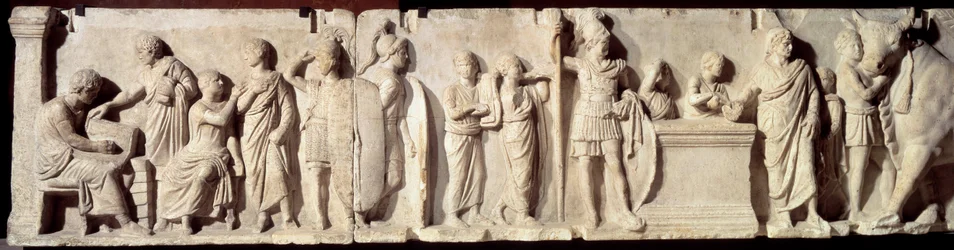 古代ローマ：ドミティウス・アヘノバルブスと呼ばれるレリーフ、国勢調査のエピソード：市民の登録とマルス神への生け贄。紀元前100年頃。日 2m パリ、ルーヴル美術館