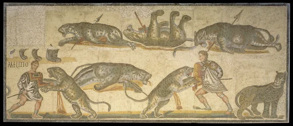 剣闘士とワイルドキャットの戦い、西暦320年（モザイク）