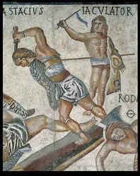 剣闘士間の戦い、剣闘士の戦いの詳細と勝利した剣闘士、西暦320年（モザイク）
