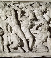 ローマ人とガラティア人の石の間の戦いを描いた石棺の詳細