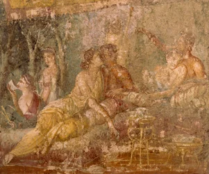イタリア、ポンペイのトリクリニウムのシーンを描いたフレスコ画