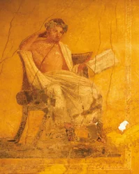 黄色い背景にギリシャの詩人メナンデルを描いたフレスコ画（メナンデルの家より）ポンペイ、カンパニア、ローマ文明時代