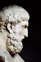 ギリシャの哲学者エピクロス（紀元前341年から紀元前270年）の肖像 - 大理石の胸像 - ローマ、カピトリーニ美術館 - エピクロス（紀元前341年から紀元前270年）の胸像、横顔 - 大理石の彫刻 - ローマ、カピトリーニ美術館