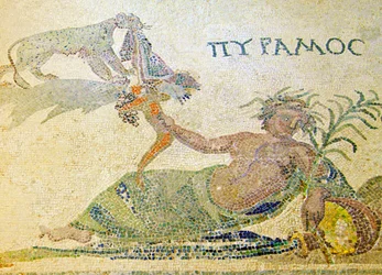 Pyramus and Thisbe、ピラミッドとヒョウの詳細、ハウスオブディオニソス、パフォス、キプロスモザイク