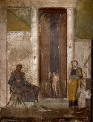 ローマ時代のアート。ポンペイのフレスコ画「エロスがヘレネにパリを愛するように説得する」。1世紀ナポリ、ナチス考古学博物館
