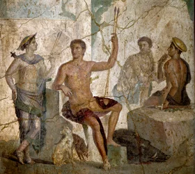 ローマ美術"Meleagre and Atalante" ポンペイから出土した紀元1世紀のローマ時代のフレスコ画。ナポリ、国立考古学博物館-ローマ美術。メレーガーとアタランテ。ポンペイから出土した紀元1世紀のローマ時代のフレスコ画。国立考古学博物館、ナポリ、It
