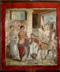 ローマ時代のアート"ピリトウス（Pirithoos）とヒポダミア（Hippodamia）の結婚式に出席するケンタウロス" ポンペイ遺跡から出土したローマのフレスコ画。紀元1世紀（フレスコ画