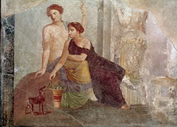 ローマ時代のアート。"ヤギと遊ぶ二人の女性" 紀元前1世紀のフレスコ画パリ、ルーヴル美術館