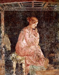 ローマ美術：「座る若い女性」。ポンペイ出土、第三様式のローマ時代フレスコ画、紀元40-60年