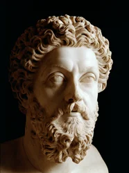 ローマ美術：ローマ皇帝マルク・アウレルの頭部（AD120-180）-大理石彫刻