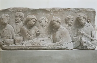 納税の場面を描いたローマ時代の葬儀用ステーブル、ドイツ、ノイマゲン・ドロン