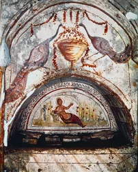 ローマ時代のアート。"エジプト女王クレオパトルの自分を刺した死" 4世紀のフレスコ画。ローマ、ヴィア・ラティーナのカタコンベ-ローマ美術。クレオパトラの死」。紀元後4世紀のフレスコ画。イタリア、ローマ、ラティーナ通りのカタコンブ