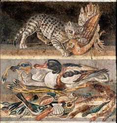 ローマ美術：ヤマウズラを食べる猫と野生のカモ、紀元前1世紀前半、ローマ、ローマ国立博物館