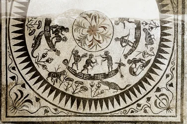 ローマ美術：狩猟と釣りのピグミー。3世紀のモザイク。ローマ国立博物館(o delle Terme) ローマ