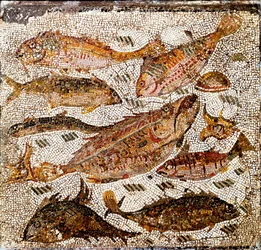 ローマ美術：魚を表したモザイク。紀元1世紀または2世紀。カッシア街道沿いのセッティミイ邸出土。ローマ、国立ローマ博物館
