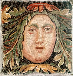 ローマ美術：海の神の頭部を表したモザイク。西暦3世紀。ローマ、ローマ国立博物館
