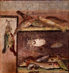 ローマ時代のアート。ポンペイ遺跡のフレスコ画「魚のいる静物」。紀元1世紀。ナポリ、ナチス考古学博物館