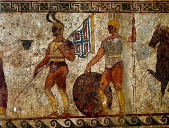 サムニウム人の戦士たち。イタリア、パエストゥム遺跡出土の紀元前4世紀の墓室画。寸法：112x199 cm。所蔵品番号9363。ナポリ国立考古学博物館（ナポリ考古学博物館）。