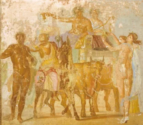 バッカスの凱旋」を描いた壁画（ポンペイ、カンパニア、ローマ文明時代の「マルクス・ルクレティウス・フロントの家」より