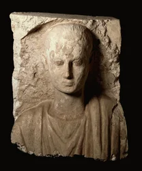 少年の上半身が彫られたモニュメントの破片、コプト時代、西暦300年頃（石灰岩）