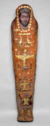 若い男性のミイラ、肖像画はエンコウスティック仕上げ、エル・ヒベより（リネンで包まれた遺体と塗装された木製パネル）