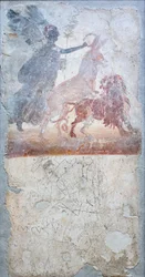 ライオンを貫くロバは女神ヴィクトリアによって戴冠され、その下には剣闘士の闘いが描かれた落書きがある。