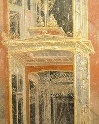 建築装飾を描いたフレスコ画、ロレイオ・ティブルティーノの家、ポンペイ、カンパニア、ローマ文明