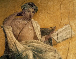 ギリシャの劇作家メナンダー、フレスコ画の詳細、メナンダーの家のペリスタイル、ポンペイ、カンパニア、イタリア、ローマ文明