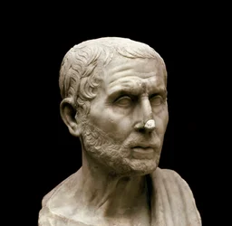 ギリシャの哲学者・歴史家で「競技者」と呼ばれたアパメアのポセイドニオス（ポシドニウス、紀元前135-51年）の大理石胸像、ナポリ、国立考古学博物館、6142番