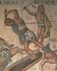 剣闘士と戦うシーンのモザイク、鎧を着た剣闘士の詳細