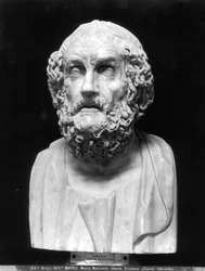 ホメロスの肖像胸像、ギリシャ・ヘレニズム時代の原型に倣ったコピー（大理石）（モノクロ写真