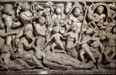 Prometeo created the uomo：プロメテウスが最初の人間を作った。プロメテウスの神話を表現した石棺。ギリシャ神話とローマ神話の登場人物たちが描かれています。プロメテ、プシュケ、小さな愛、ヘルメス、サイコポンプ神、パークス（山小屋）、ポセイドン。